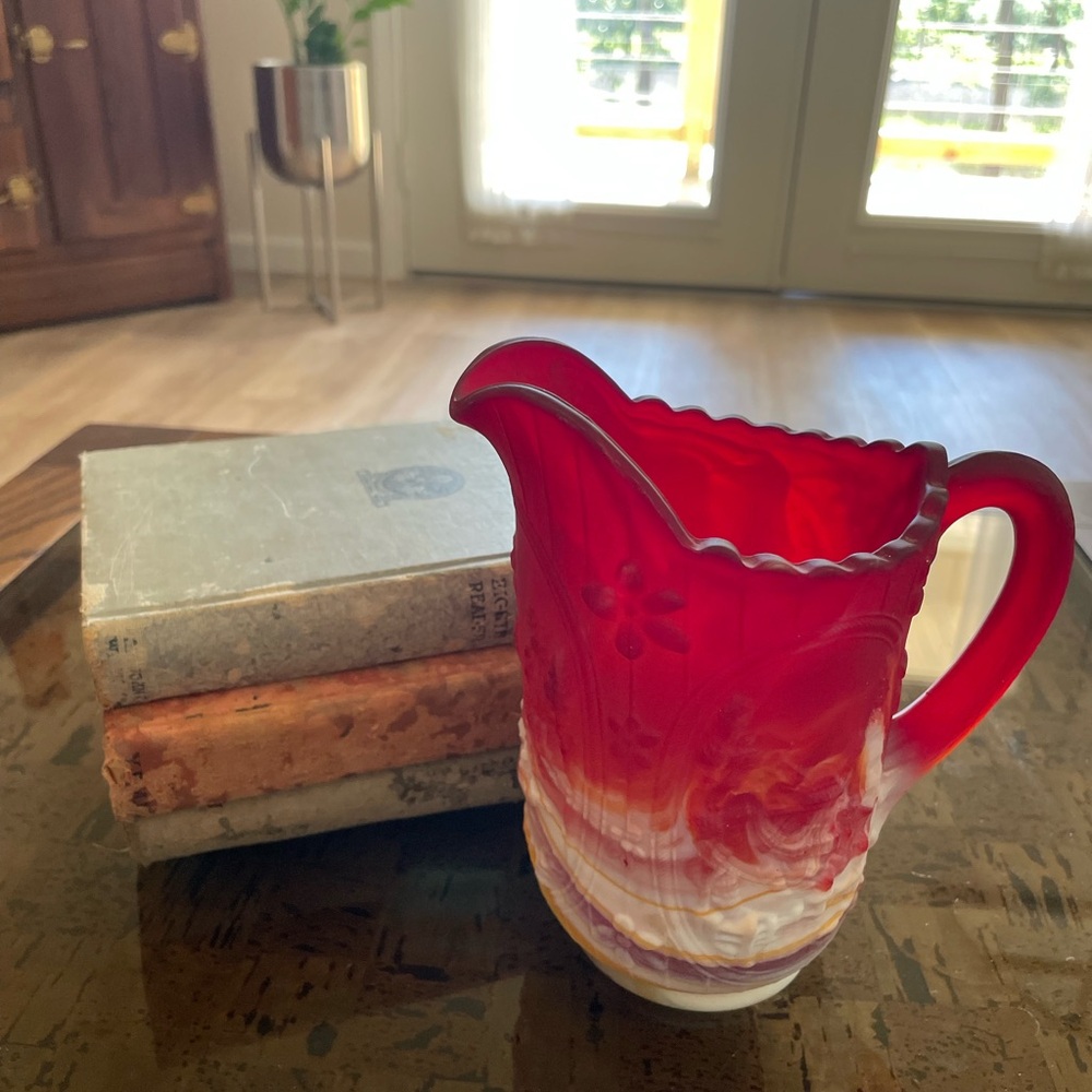 Vintage Elegant Red and White Glass Pitcher